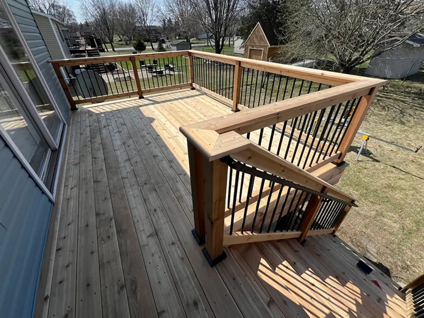 Natural wood deck boards and railing